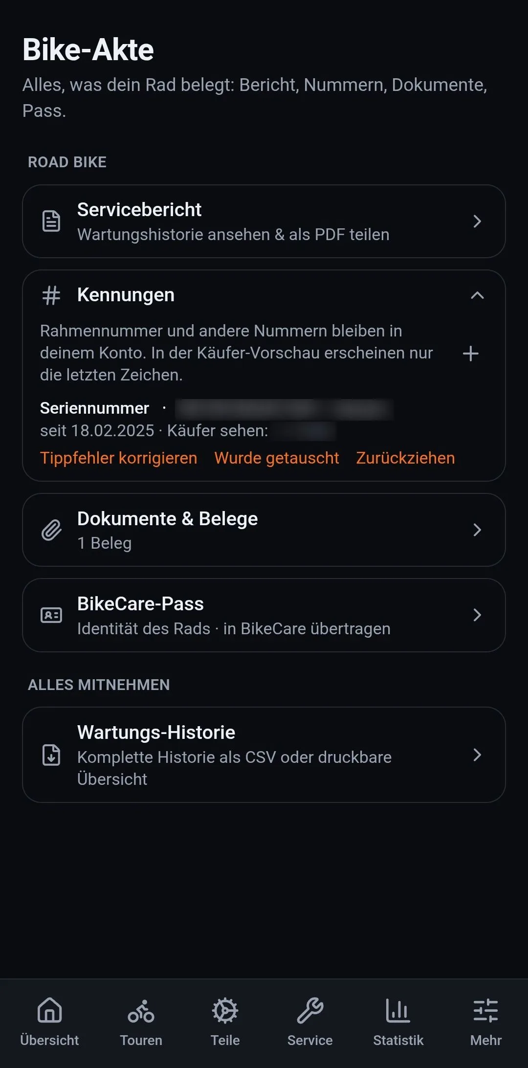Die Bike-Akte: Servicebericht, Kennungen mit verdeckter Nummer, Dokumente, Pass und Wartungs-Historie