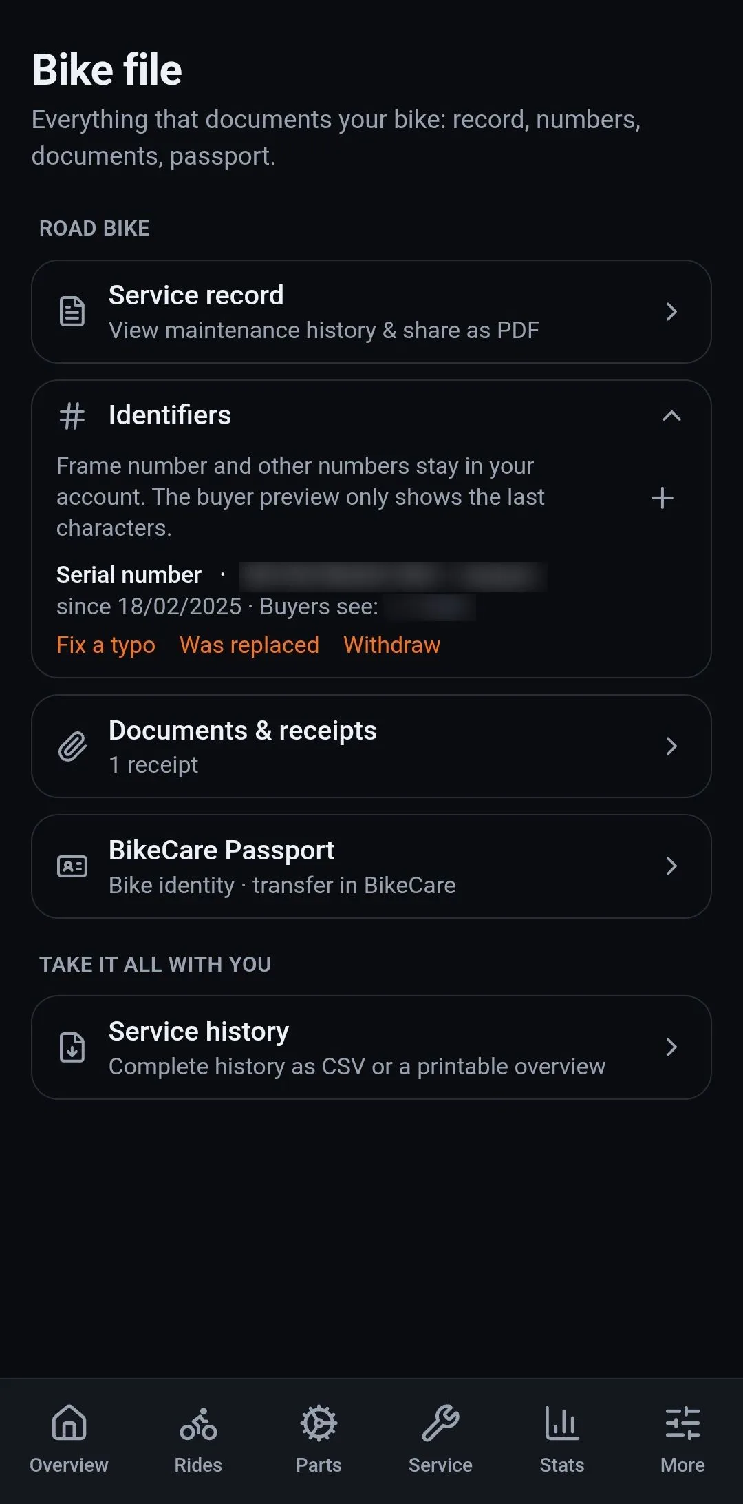 The bike file: service record, identifiers with the number hidden, documents, passport and maintenance history