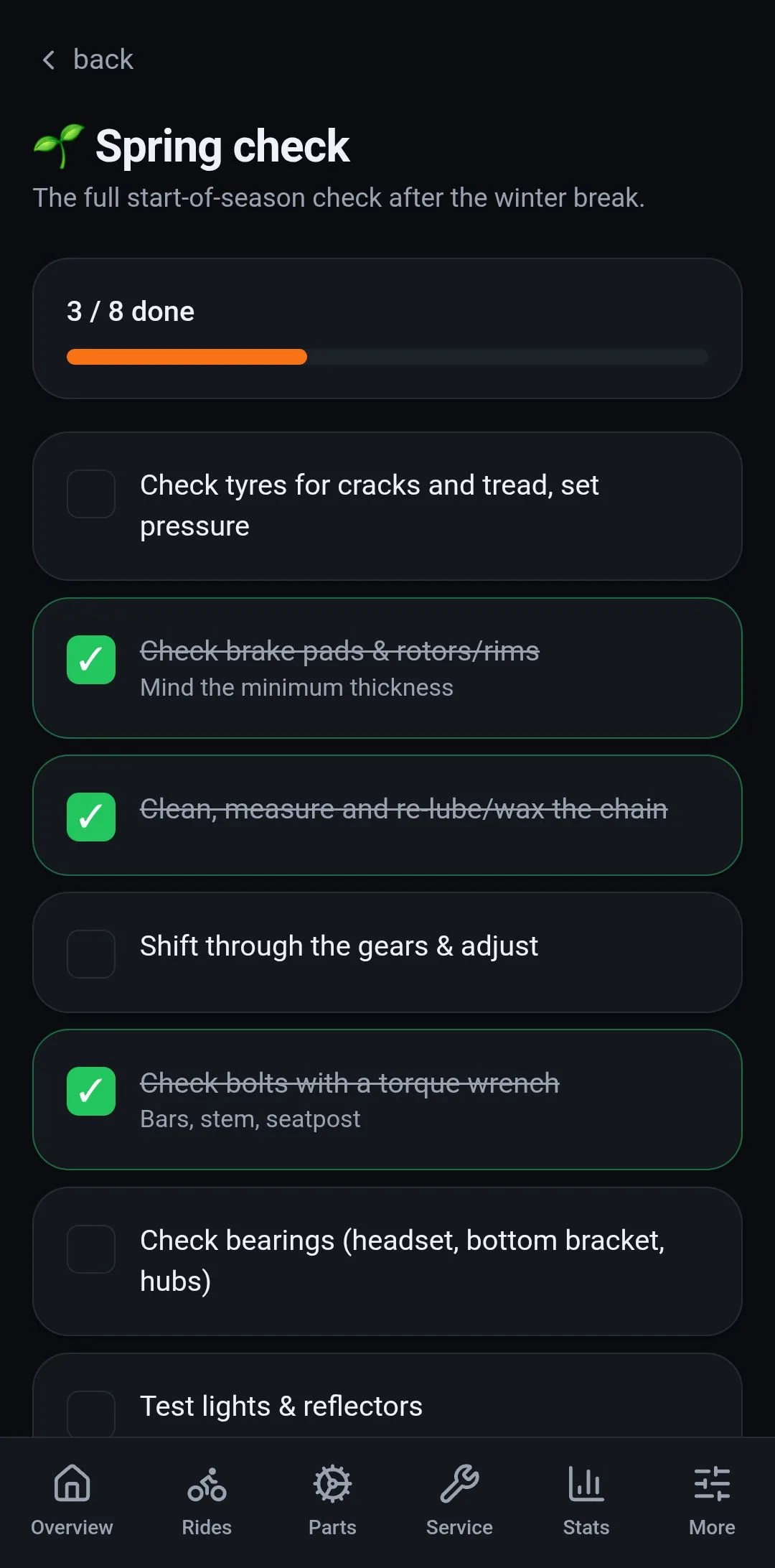 The spring check: eight items, three done, with a progress bar