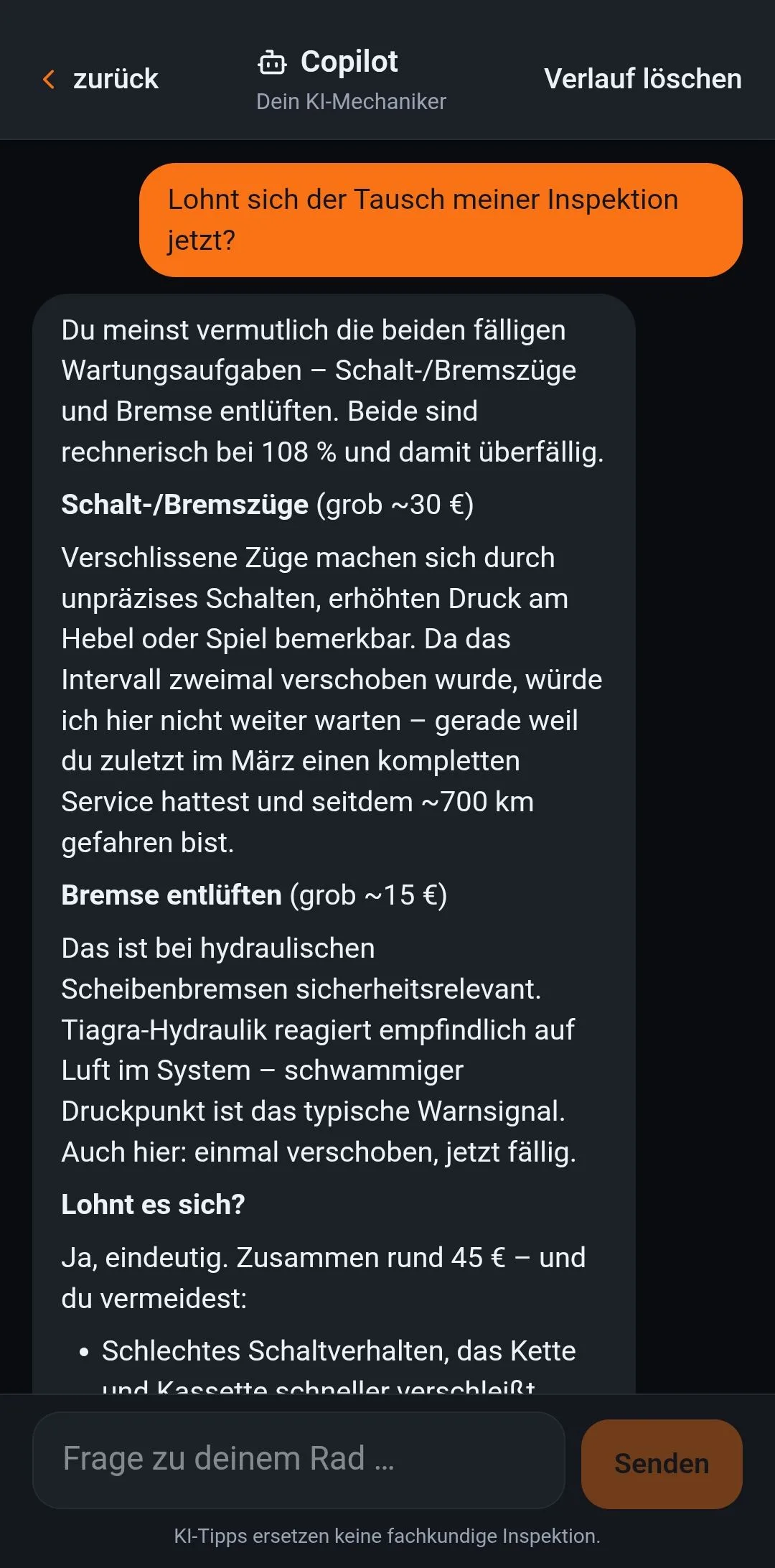 Der Copilot beantwortet eine Frage zum eigenen Rad, mit KostenschÀtzung und Bezug auf den letzten Service