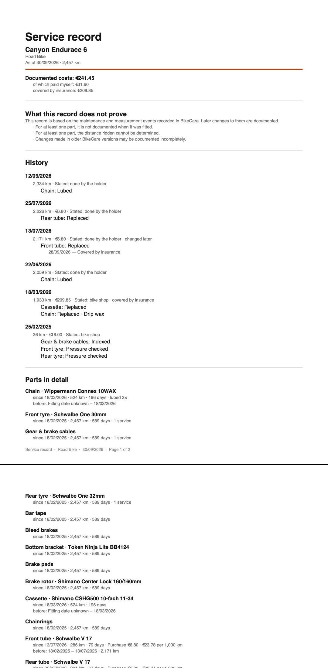 The real PDF service record opened on the phone: costs, what the record does not prove, the history