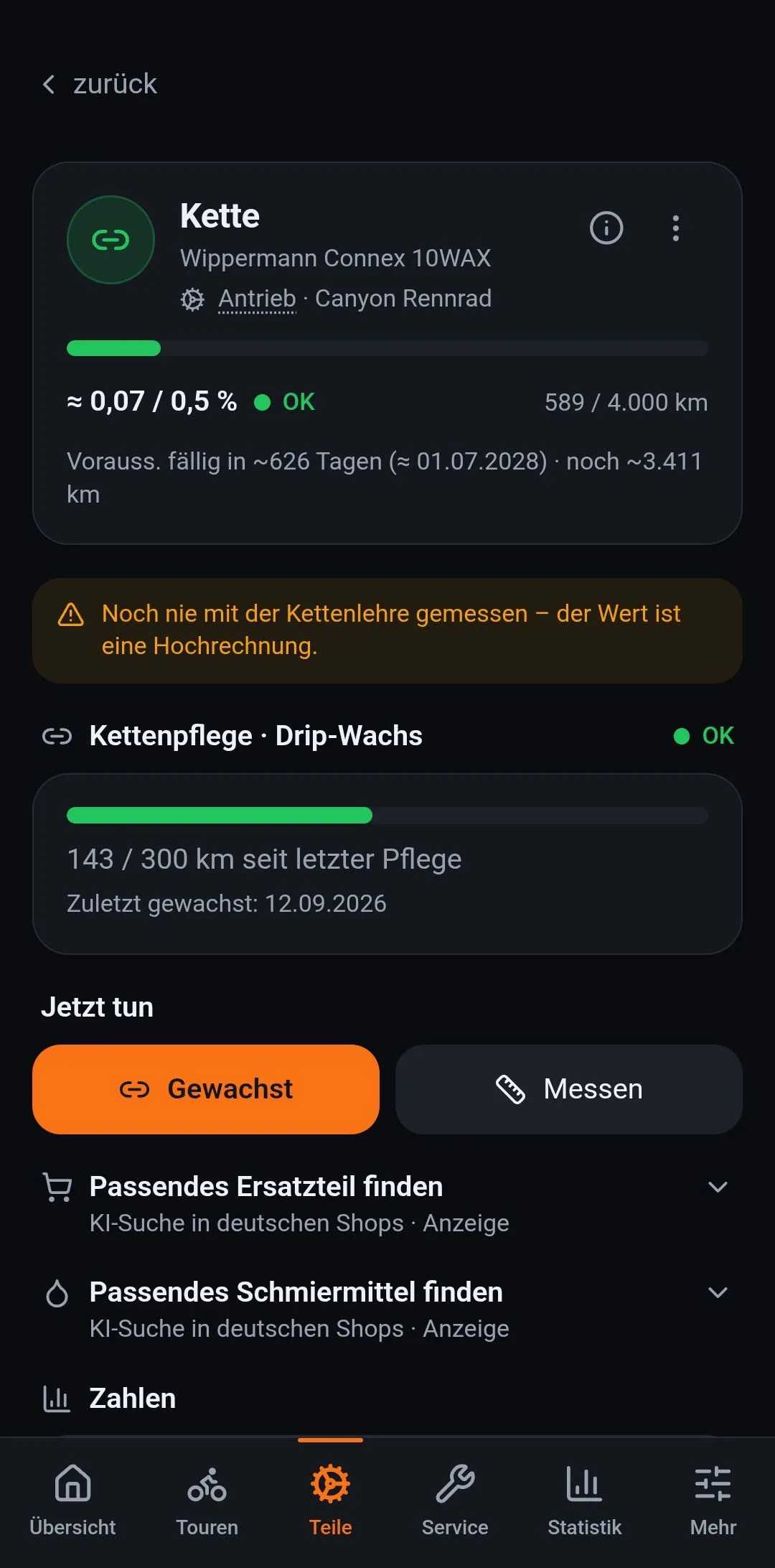 Eine Kette in der App: Laufleistung gegen Intervall, die Längung als Hochrechnung gekennzeichnet