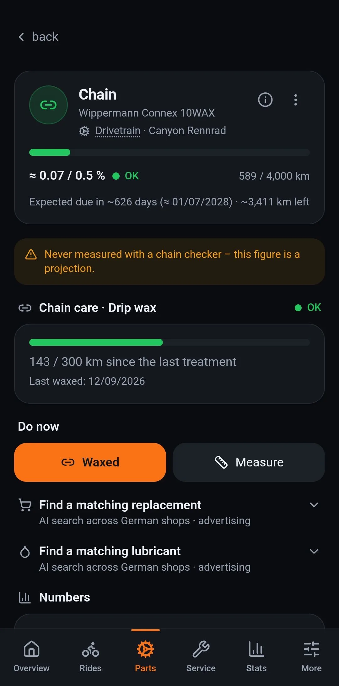 A chain in the app: mileage against the interval, the stretch marked as a projection