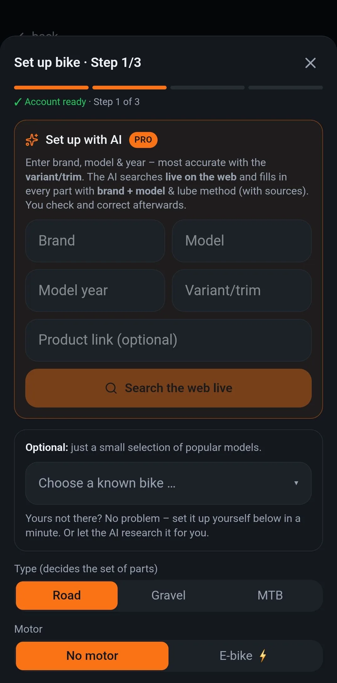 Bike setup: enter make and model, the AI researches live and creates the parts