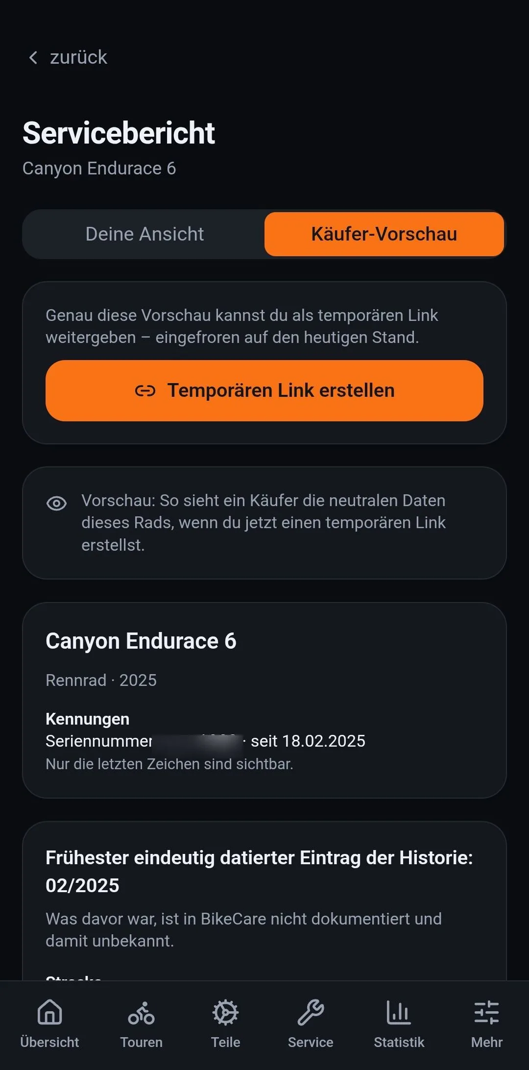 Der Servicebericht in der App: Käufer-Vorschau mit temporärem Link, Kennungen nur mit den letzten Zeichen
