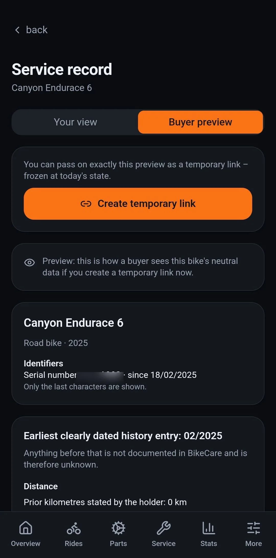 The service record in the app: buyer preview with a temporary link, identifiers showing only their last characters