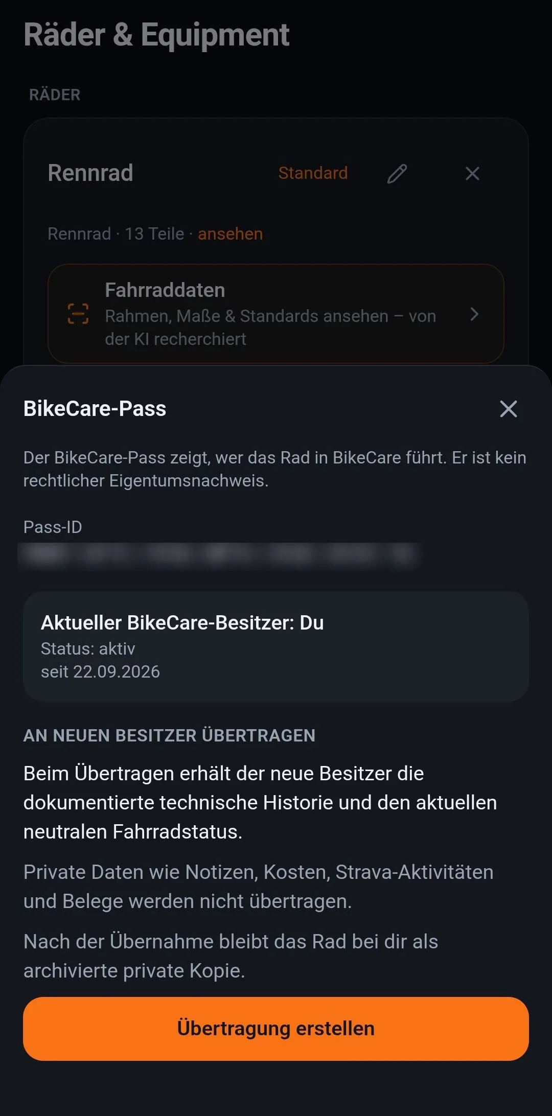 Der BikeCare-Pass: Ăbertragung an den nĂ€chsten Besitzer, private Daten bleiben zurĂŒck