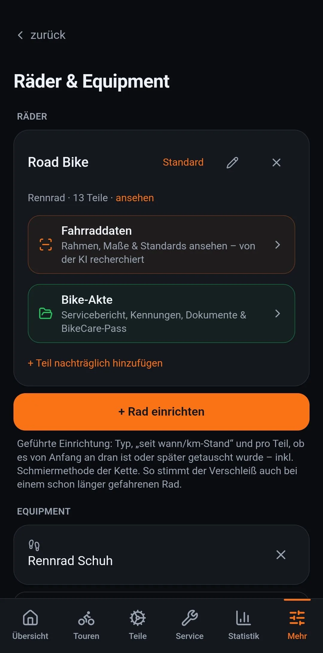 Räder und Equipment: das Rad mit Fahrraddaten und Bike-Akte, darunter das Equipment