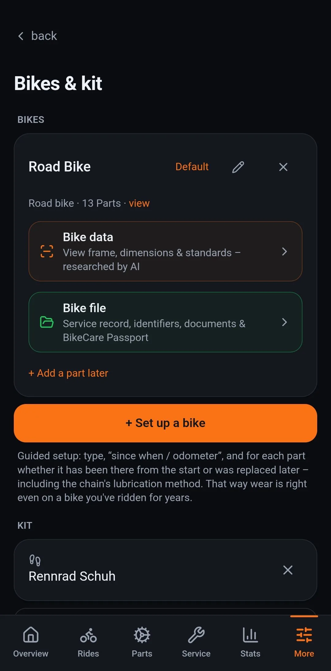 Bikes and kit: the bike with its data sheet and bike file, with kit below