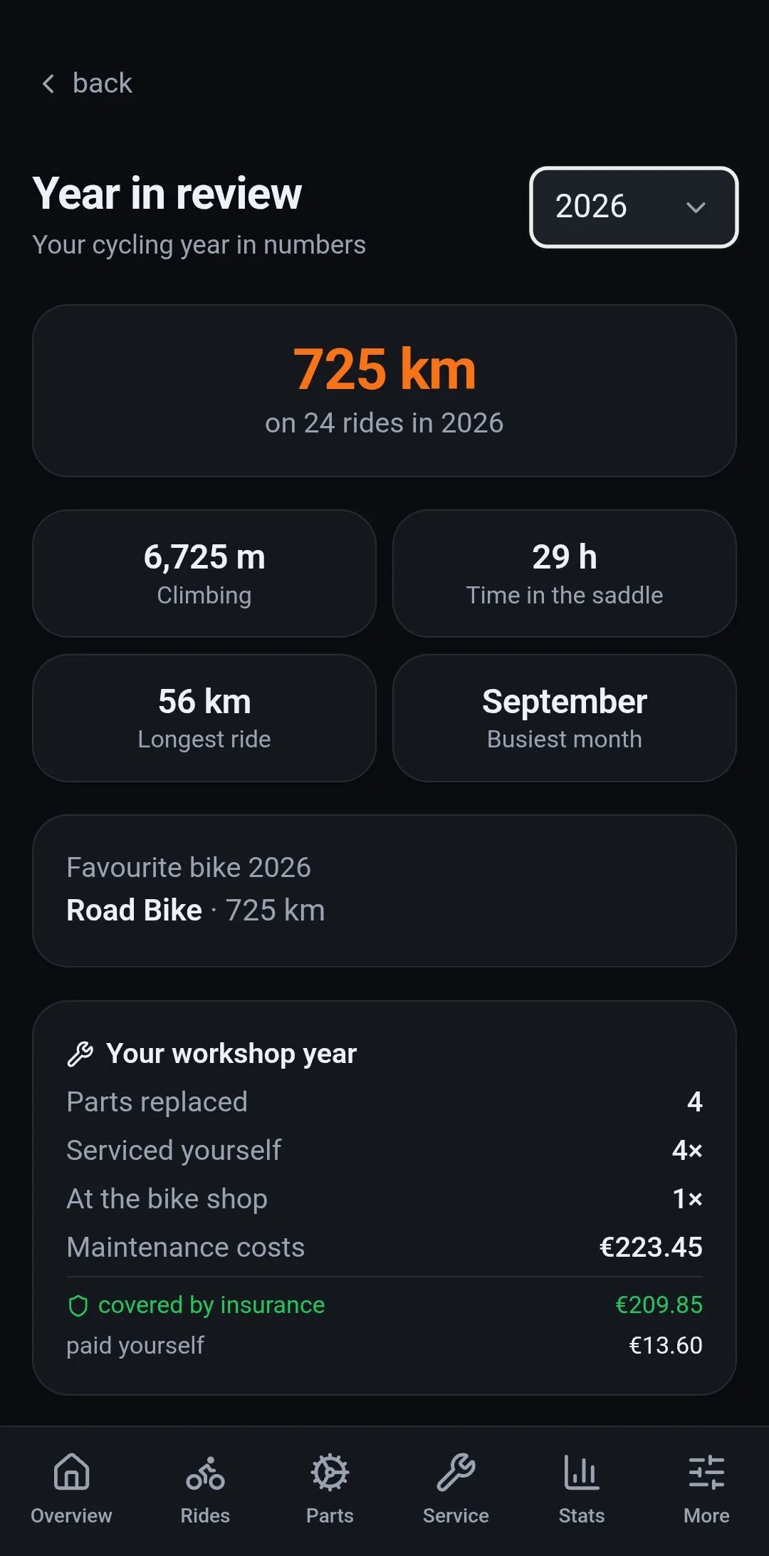 The year in review: kilometres, elevation, longest ride, most active month and the workshop year