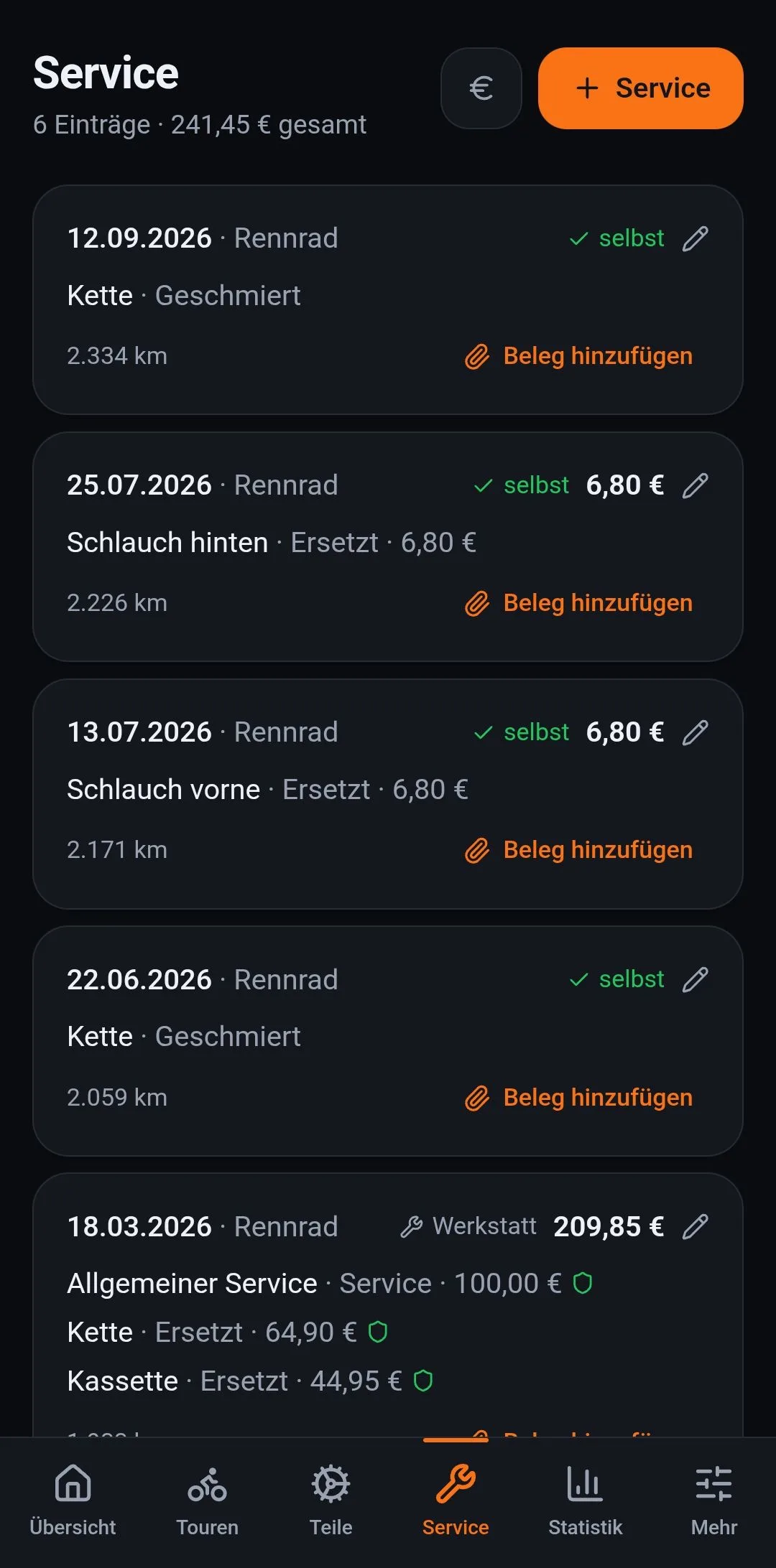 Der Service-Tab: sechs Einträge mit Kosten, selbst oder Werkstatt, Versicherung gekennzeichnet