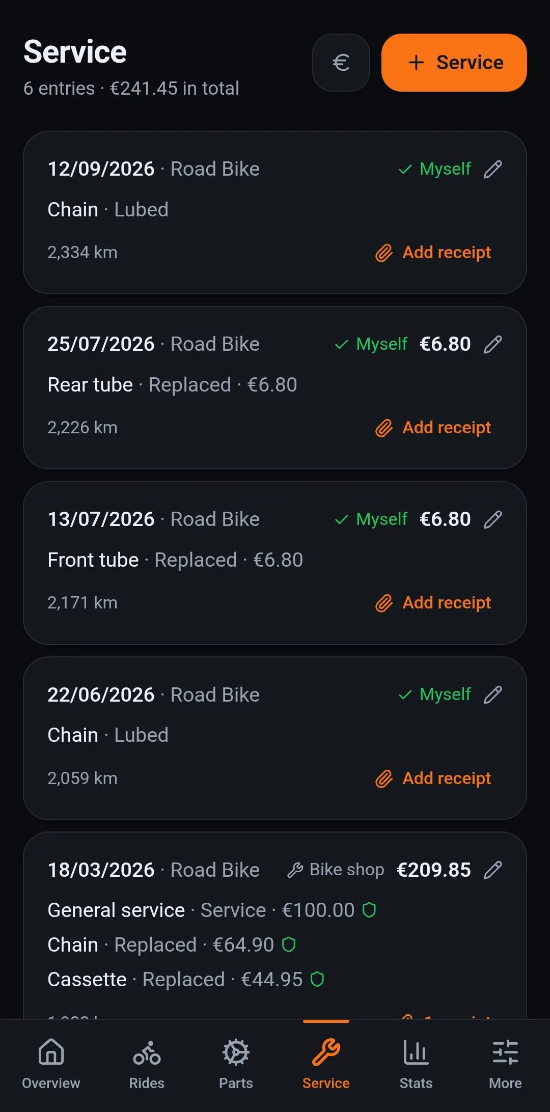 The service tab: six entries with costs, done yourself or at the workshop, insurance marked