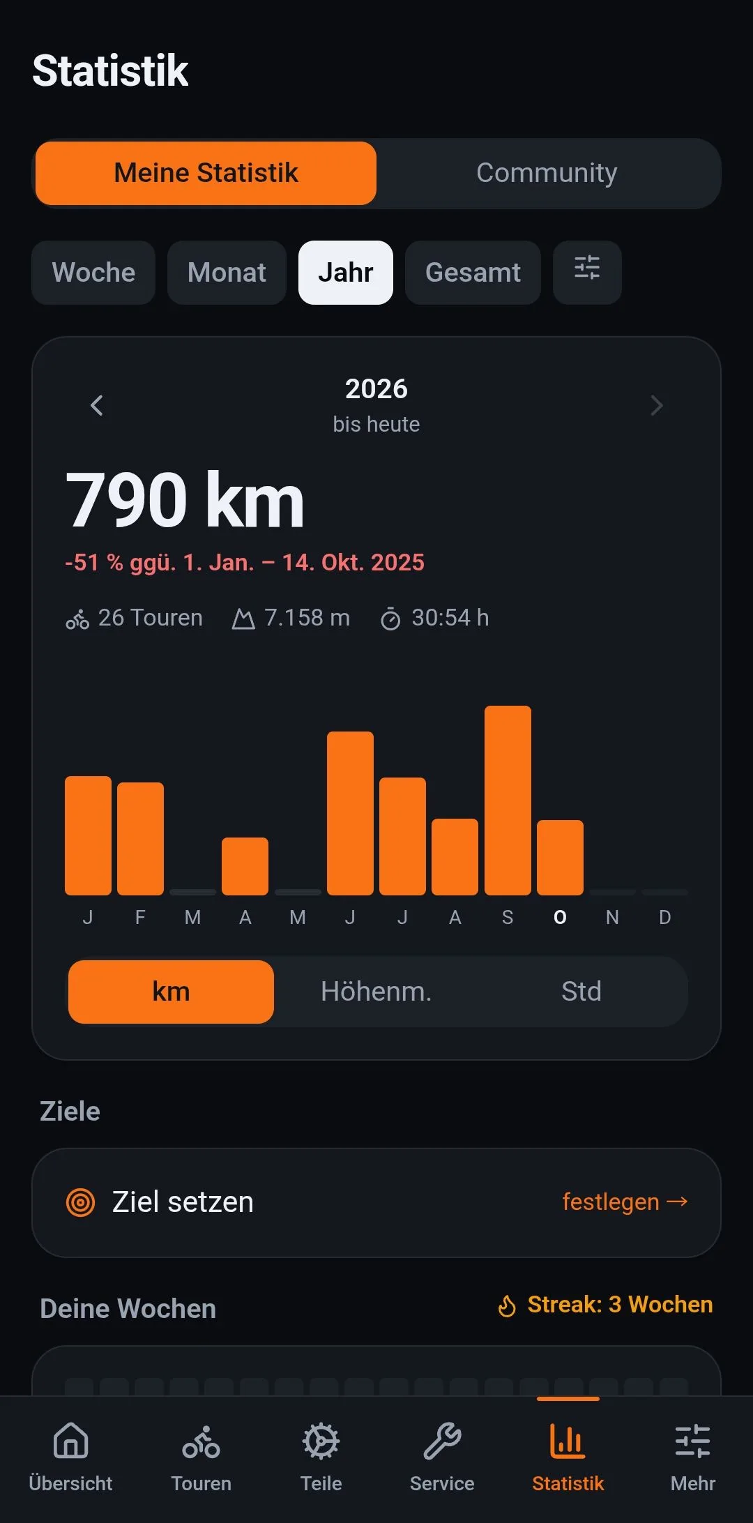 Die Statistik: das Jahr 2026 in Kilometern, verglichen mit demselben Zeitraum des Vorjahres, mit Monatsbalken, darunter Ziele und Wochen
