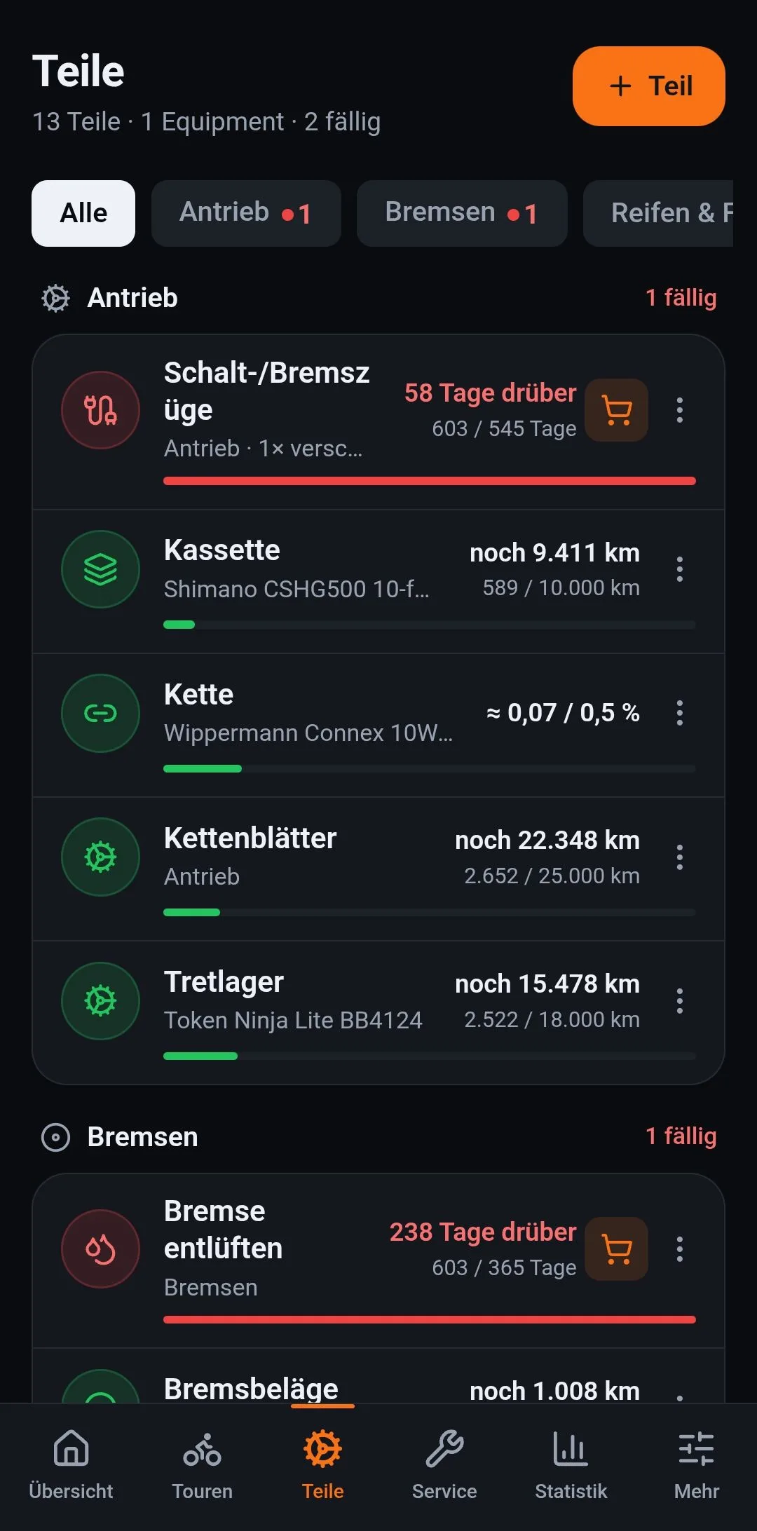 Die Teileliste: 13 Teile, zwei fÀllig, nach Bereichen geordnet, mit Fortschritt je Teil