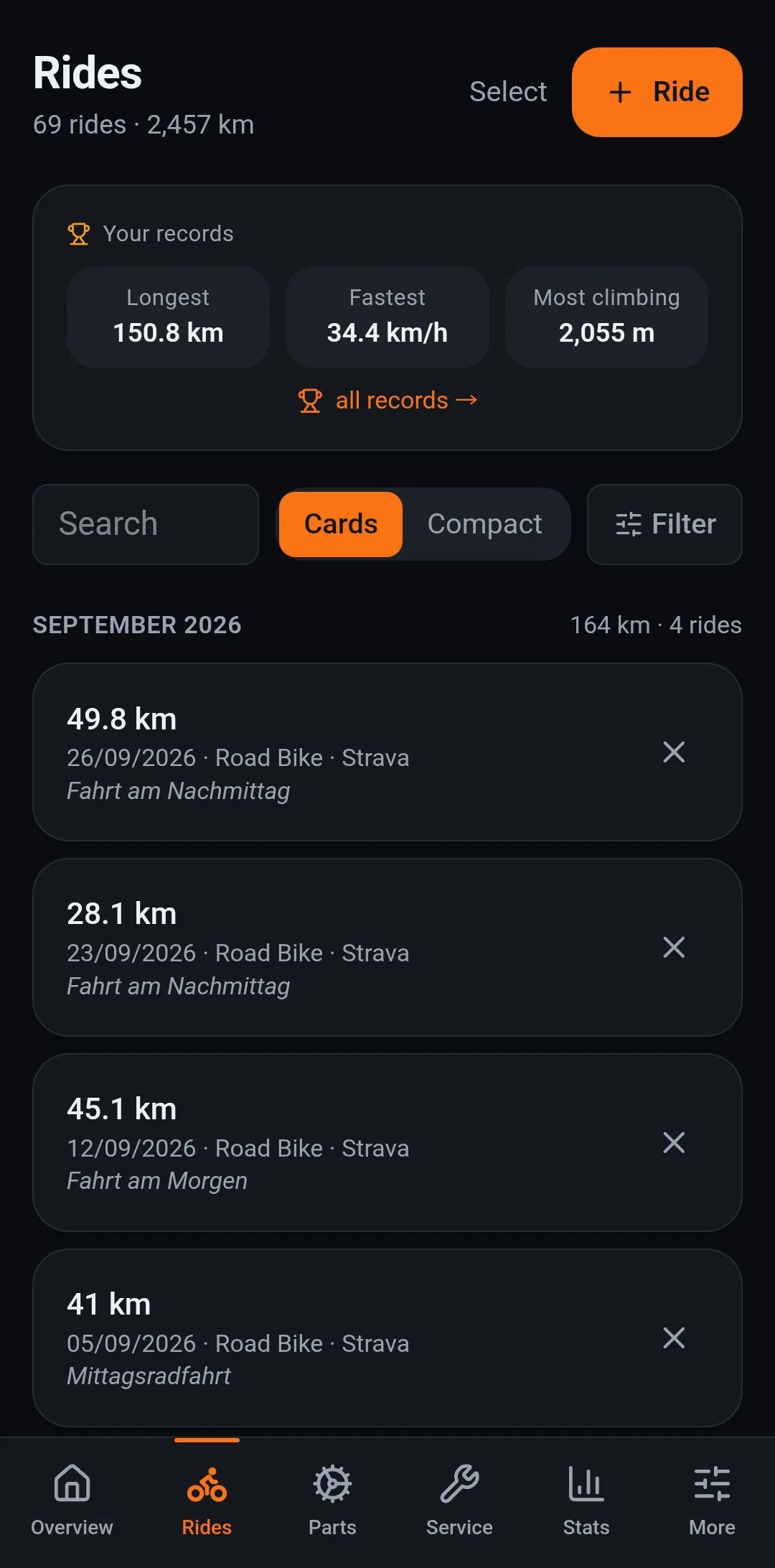The rides list: records, rides from Strava, search and filters