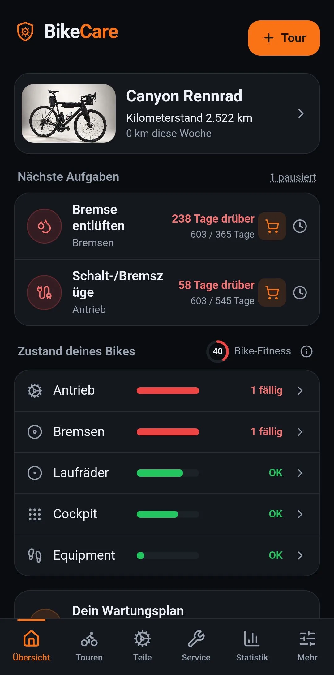 Die Ăbersicht in der App: das Rad mit eigenem Foto, zwei fĂ€llige Aufgaben und der Zustand je Bereich mit Bike-Fitness
