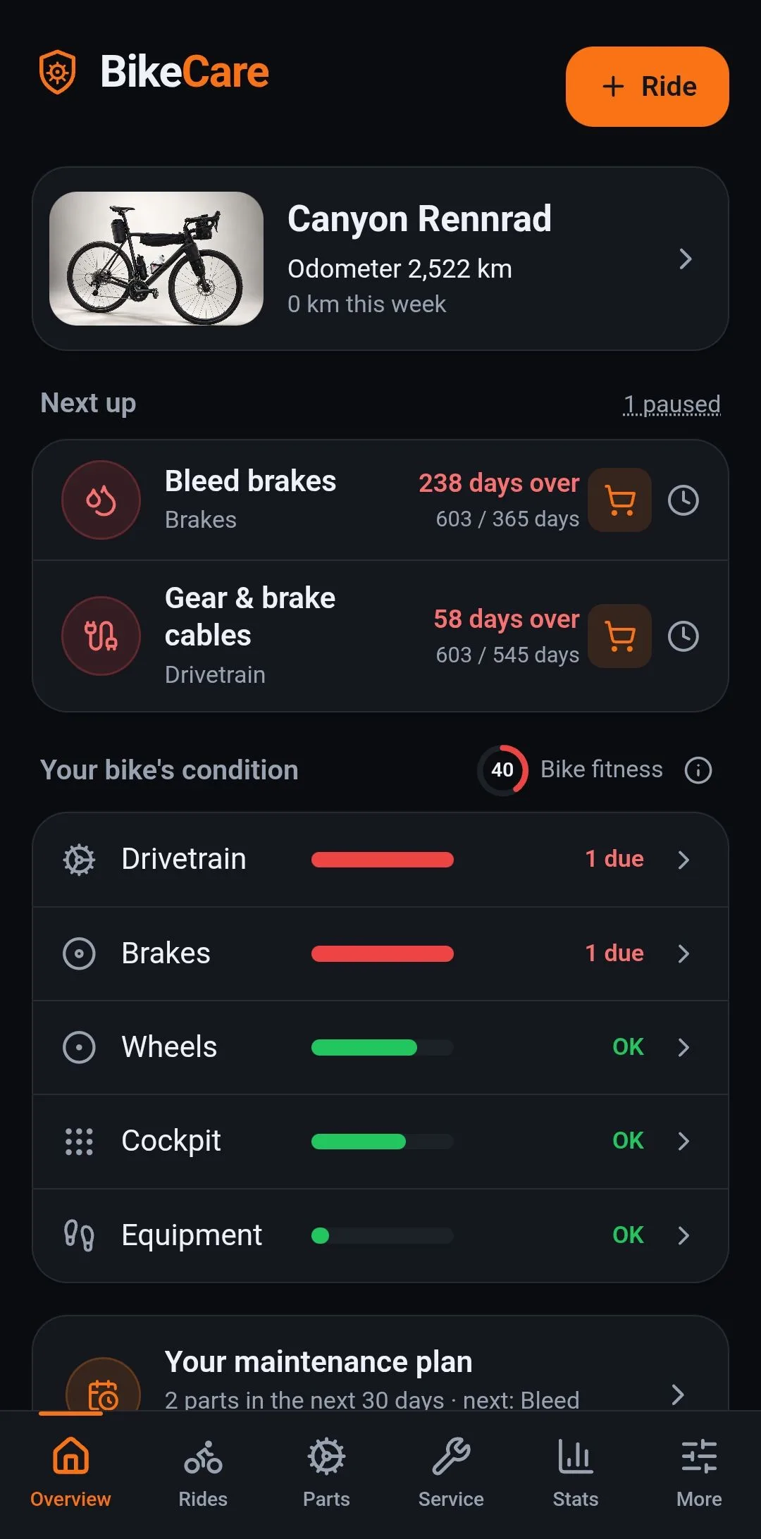 The app overview: the bike with its own photo, two tasks due and the condition of each area with bike fitness