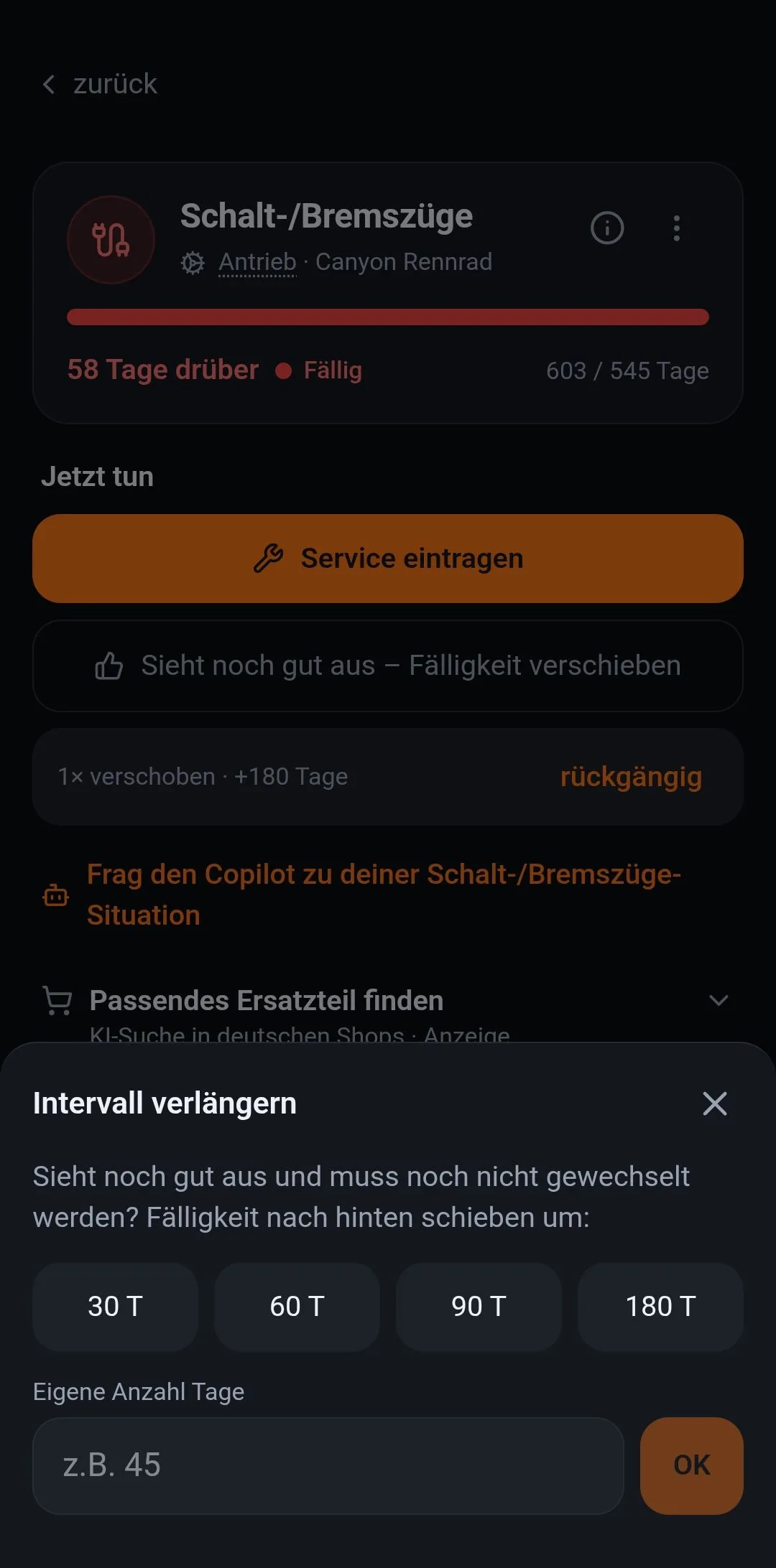 Fälligkeit verschieben: 30, 60, 90 oder 180 Tage, einmal verschoben, rückgängig möglich