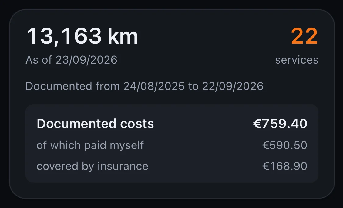 Service record header: period, mileage, jobs and costs, split into self-paid and covered by insurance